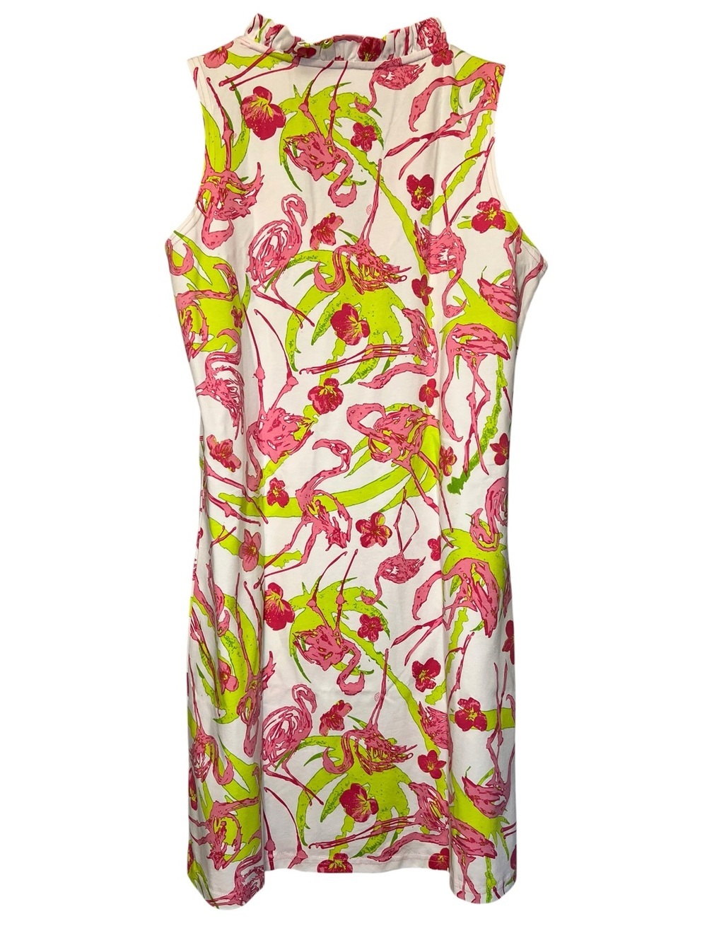 Resort Beachwear Tropical Floral Flamingo Preppy Midi Shift Dress Ruffle Large - Picture 2 of 4